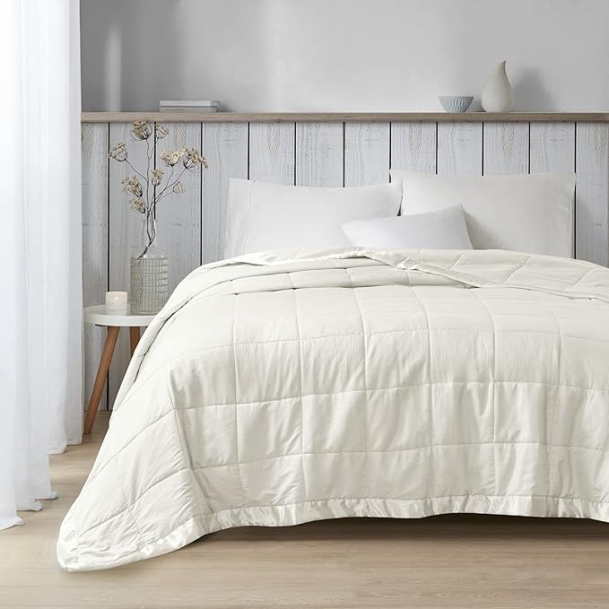 Madison Park Cambria Down Alternative Blanket, Premium 3M Scotchgard Moisture Wicking Treatment, Lightweight and Soft Bed Cover For Summer with Satin Trim, Oversized Twin Ivory