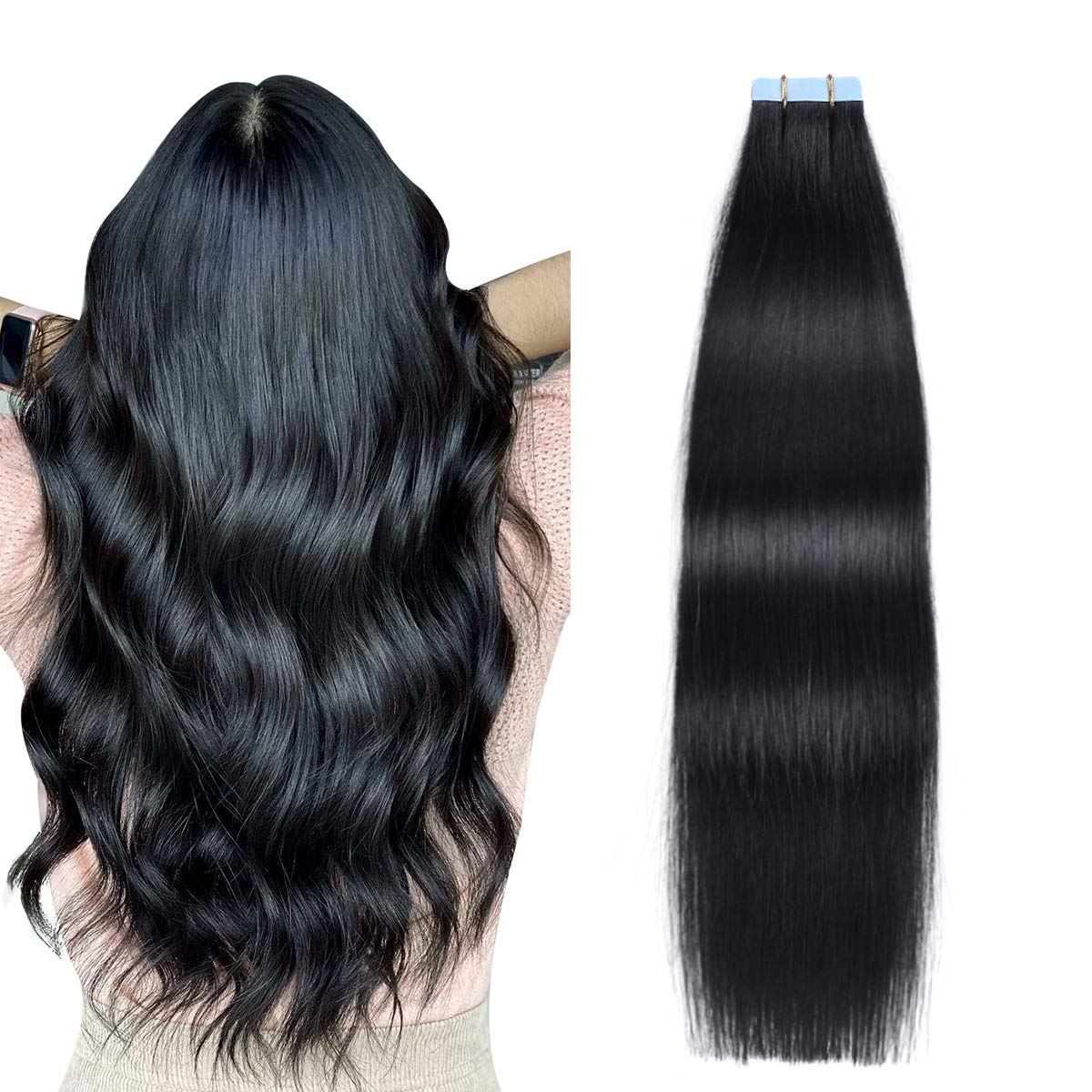 SUYYA Tape in Hair Extensions Human Hair Jet Black 100% Real Human Hair 12 inches 20pcs 40g/pack Straight Seamless Skin Weft Tape in Hair Extensions(12 inches #1 Jet black)