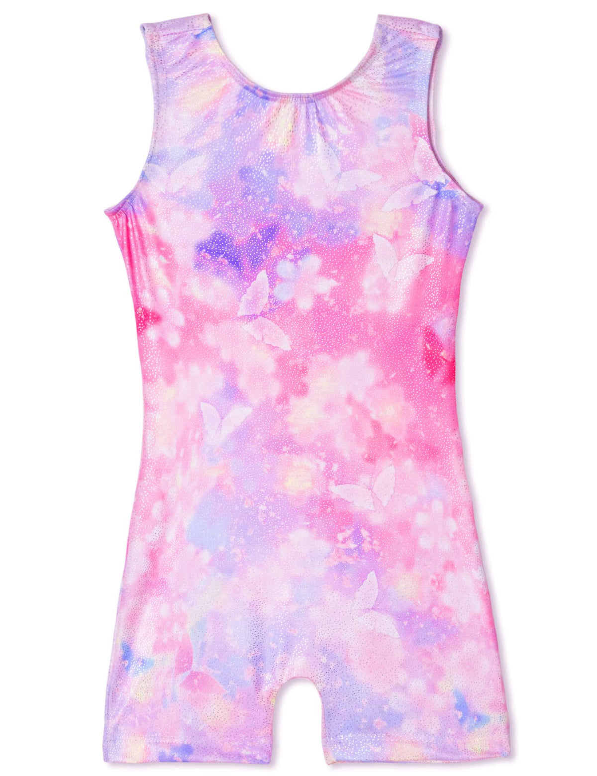 TENVDA Girls Gymnastic Leotard Size 5-6 Years Old Sparkly Pink Butterfly Print Biketards for Tumbling Class Workout