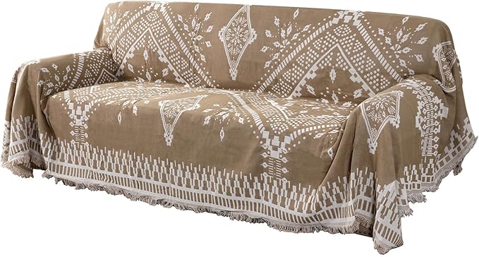 H.VERSAILTEX Reversible Sofa Cover Couch Cover for Dog Sofa Slipcover for Most Shape Sofa Furniture Protector with Tassels Sectional Couch Cover (X-Large: 71" x 118", Sand/White)