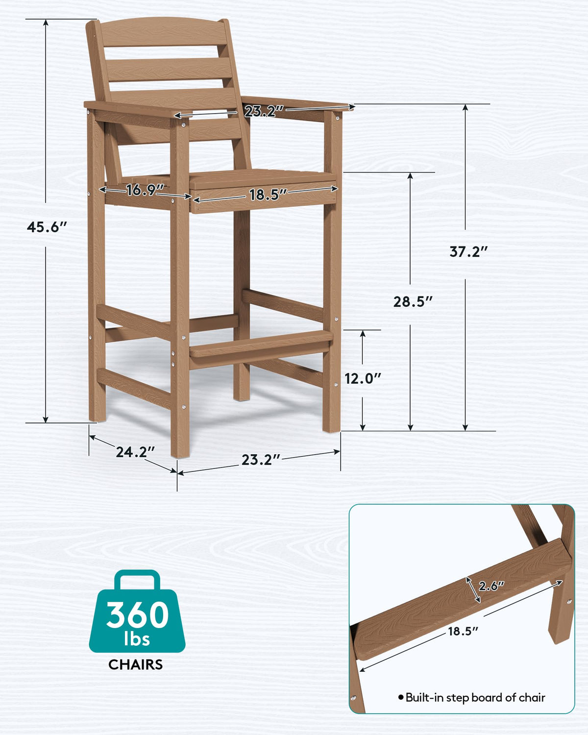 SERWALL Tall Adirondack Chairs Set of 2, Balcony Adirondack Chairs Set, Outdoor Bar Height Barstools Chair Set for Bistro, Poolside, Garden, Brown