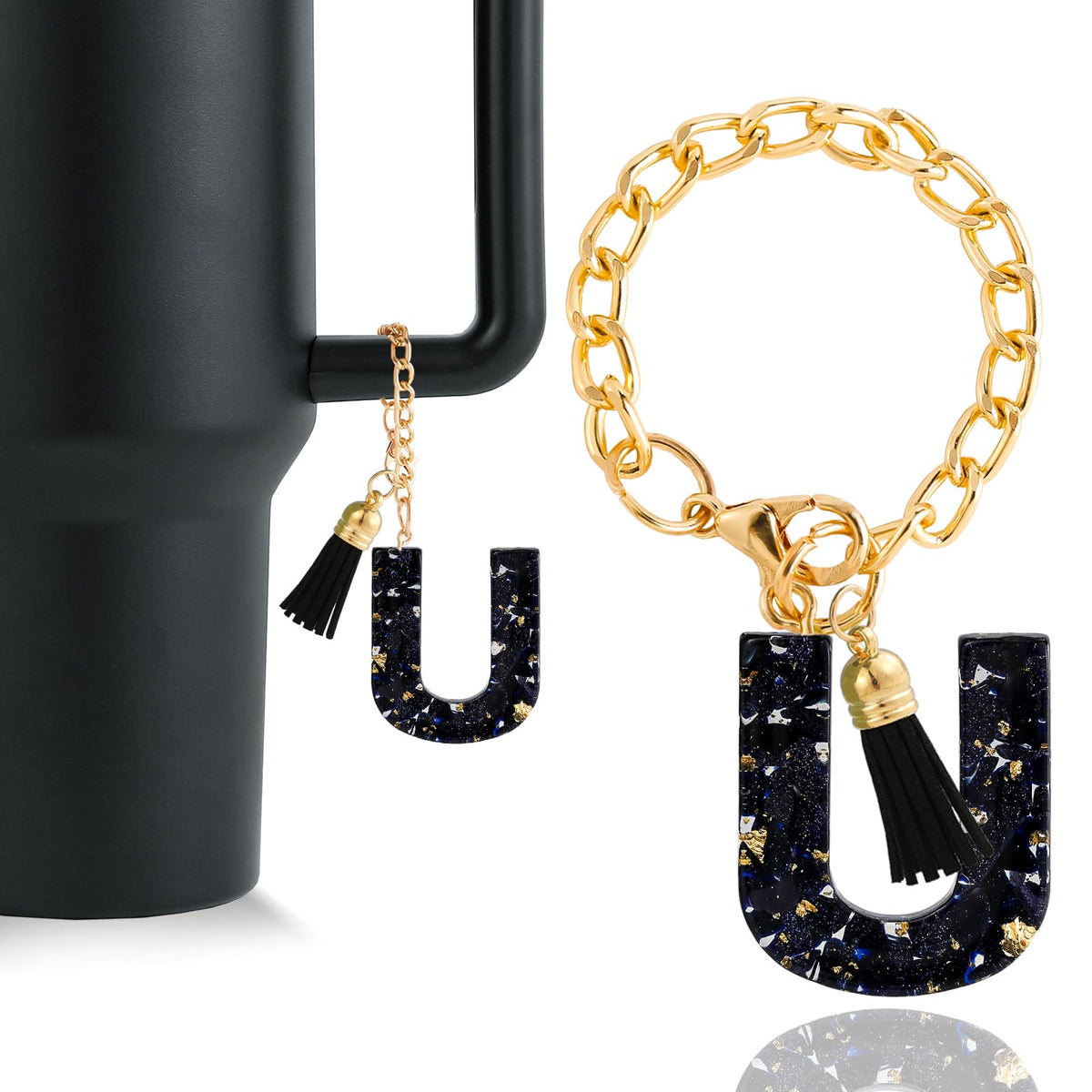 Letter Charm Accessories for Stanley Cup 1 PCS Cute Initial Keychain Handle Charm for Stanley Tumbler for Women Black Letter U
