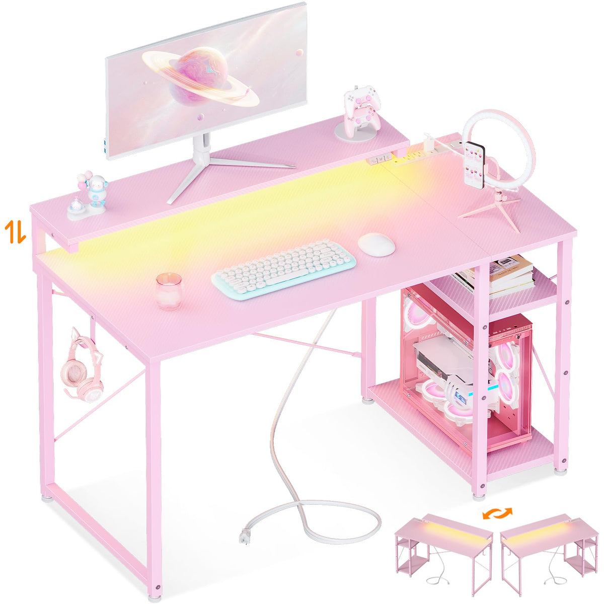 MOTPK Gaming Desk with Led Lights & Power Outlet, 40 Inch Small Gaming Computer Desk with Shelves, Reversible Gamer Desk with Adjustable Monitor Stand & Headphone Hook, Carbon Fiber Texture Pink