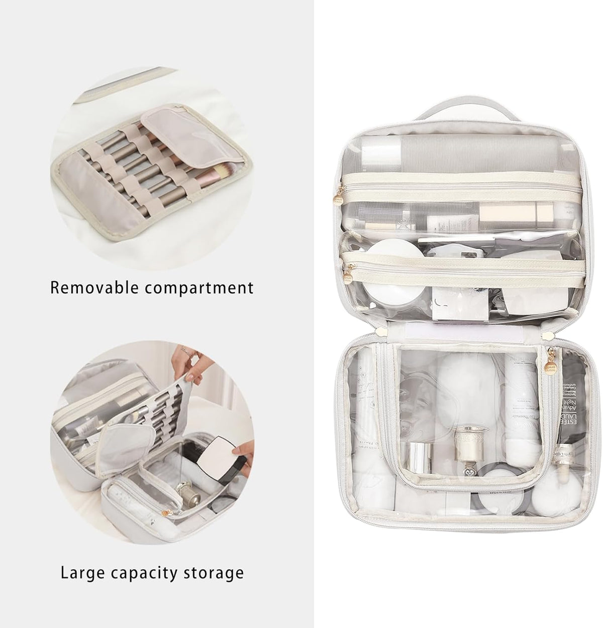RIGHT AWAY Travel Toiletry Bag for Women, Makeup Bag& Cases, Waterproof Makeup Organizer Cosmetic Bag with Compartments,Portable Make Up Bag for Travel Size Toiletries,Skincare,Brushes Set,White