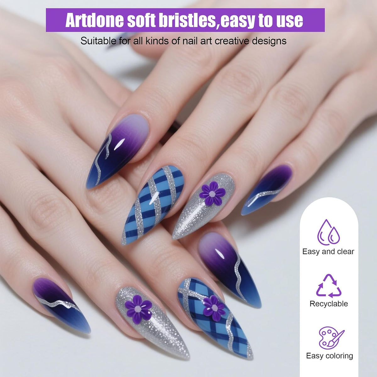 Artdone 10pcs Nail Art Brushes Set, Dotting Tools,Striping Brushes for Long Lines, Thin Details, Sculpting Pattern Tracing Stylus, Ball Embossing Stylu,Fine Drawing Pen For Gel Polish Design Supply