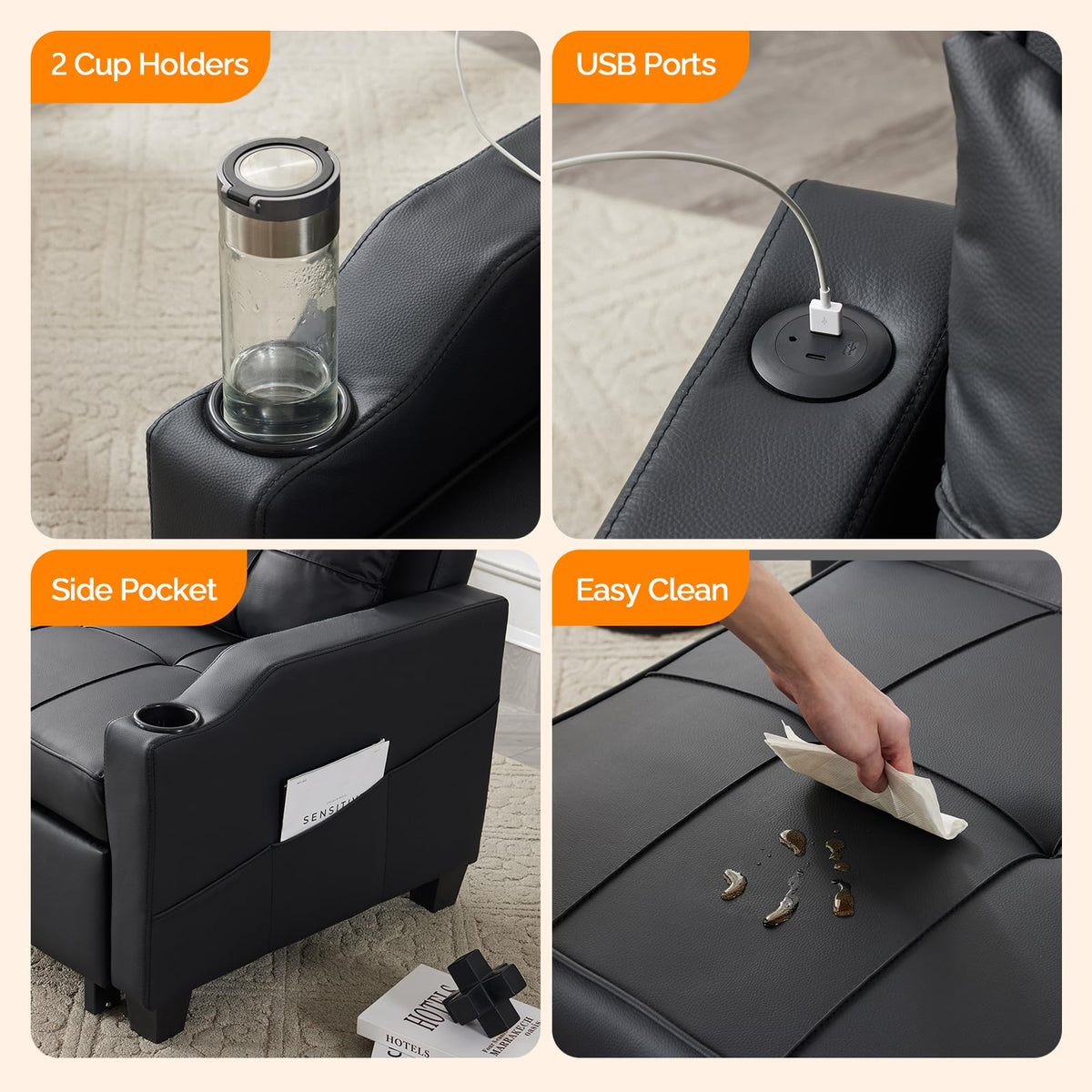 VINGLI Sleeper Chair 3-in-1 Convertible Sofa Bed Adjustable Recliner Sofa Modern Pull Out Couch Bed with 2 USB Ports 2 Cup Holders 2 Side Pockets for Living Room Bedroom Small Spaces, Black