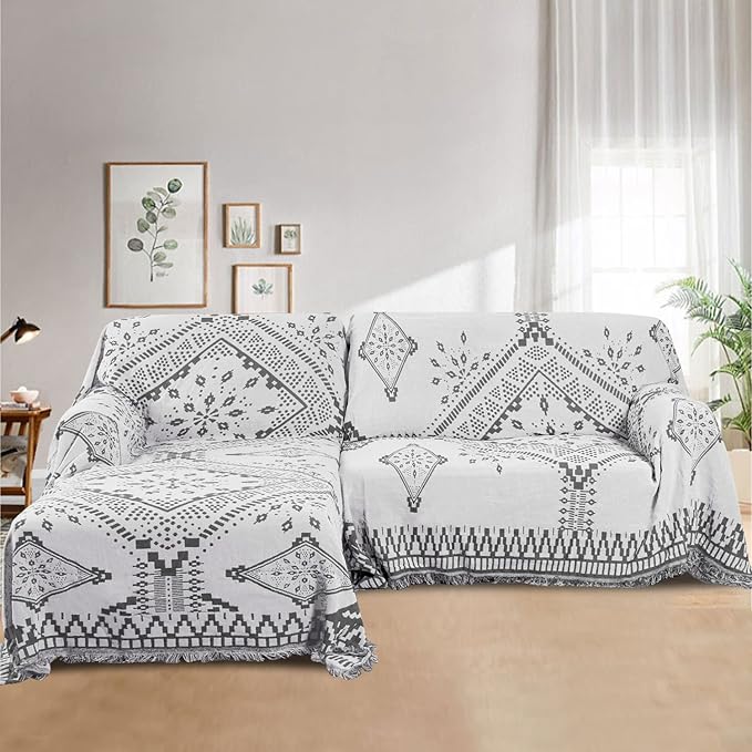 H.VERSAILTEX Reversible Sofa Cover Couch Cover for Dog Sofa Slipcover for Most Shape Sofa Furniture Protector with Tassels Sectional Couch Cover (XX-Large: 91" x 134", Dark Grey/White)