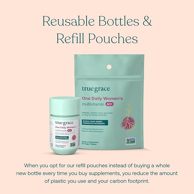 True Grace One Daily Women’s Multivitamin 40+ Fermented Minerals, Organic Adaptogens & Mushrooms Energy, Immune, Bone Support - Non-GMO - Iron, Gluten & Soy Free - 90 Vegan Tablets