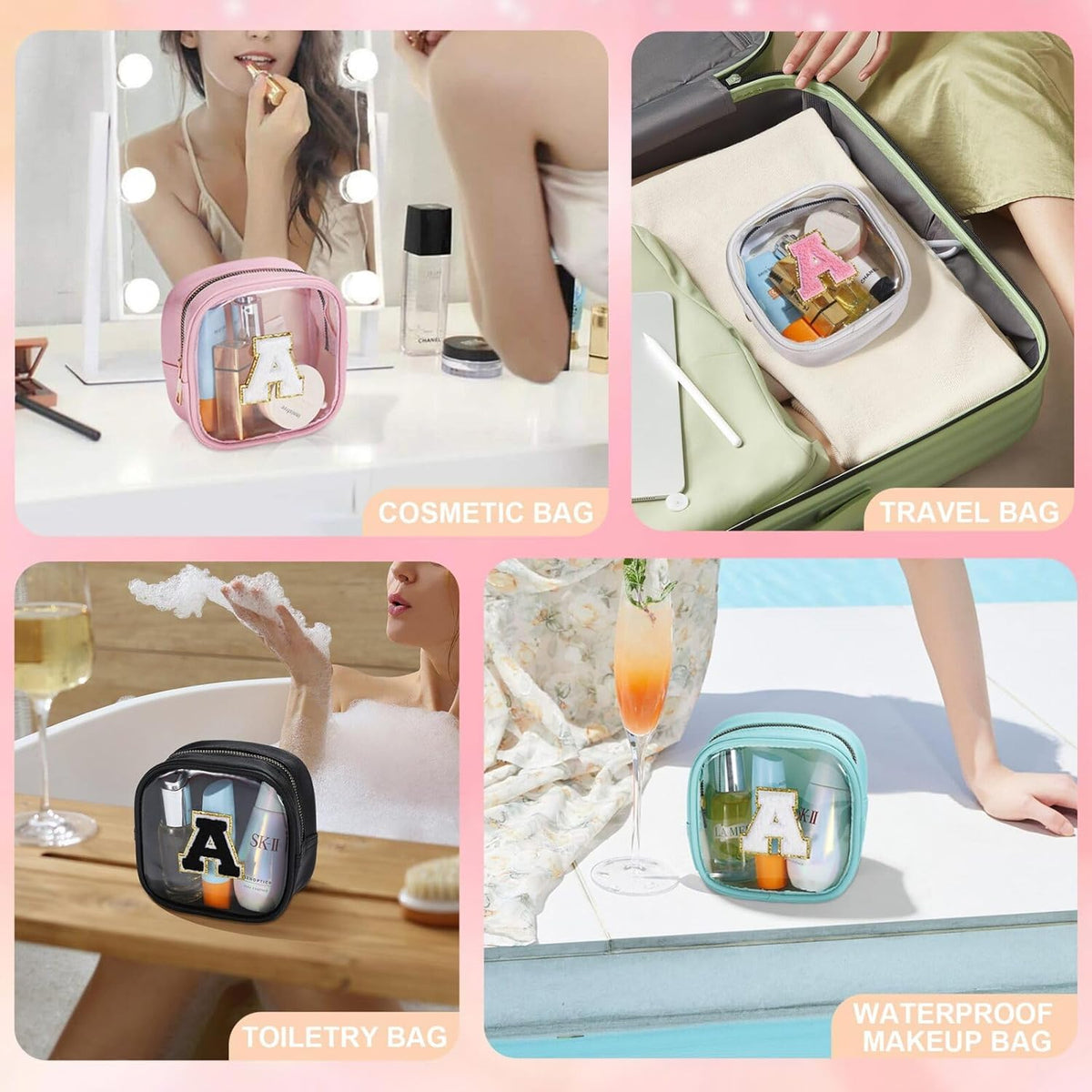 YOOLIFE Initial Make Up Bag Travel Toiletry Bag, Clear Makeup Bag Preppy Cosmetic Bags Organizer Travel Essentials Gifts for Women Teen Girlfriend Teacher Mom Birthday Mothers Day Gifts White O