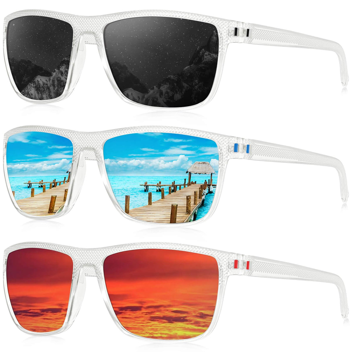 KALIYADI Polarized Sunglasses Men, Lightweight Mens Sunglasses Polarized UV Protection Driving Fishing Golf (Frame Clear|Lens Black/Ice Blue/Red)