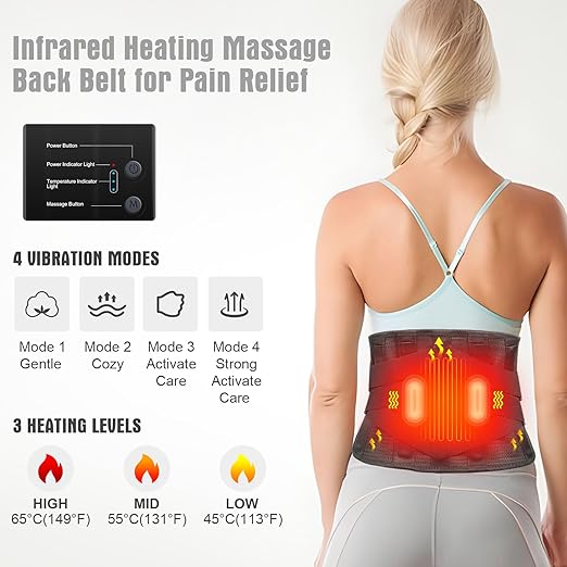 Heated Back Brace with Massage, Rechargeable Heating Pad for Back Pain Relief, Adjustable Back Support Belt with Heat Therapy and Vibration Massager for Men and Women, L