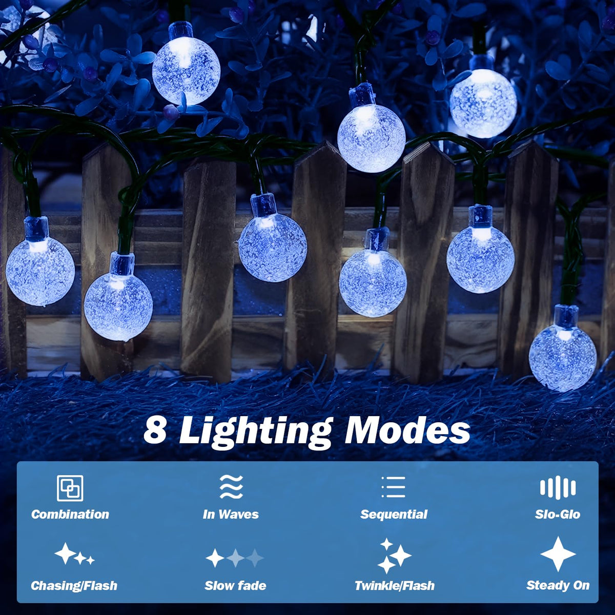 USOKYO Solar Lights Outdoor Waterproof, 2 Pack Total 120LED 72FT Solar String Lights for Outside with 8 Modes, Outdoor String Lights Crystal Globe Patio Lights for Garden Yard Party Decor (Bule)