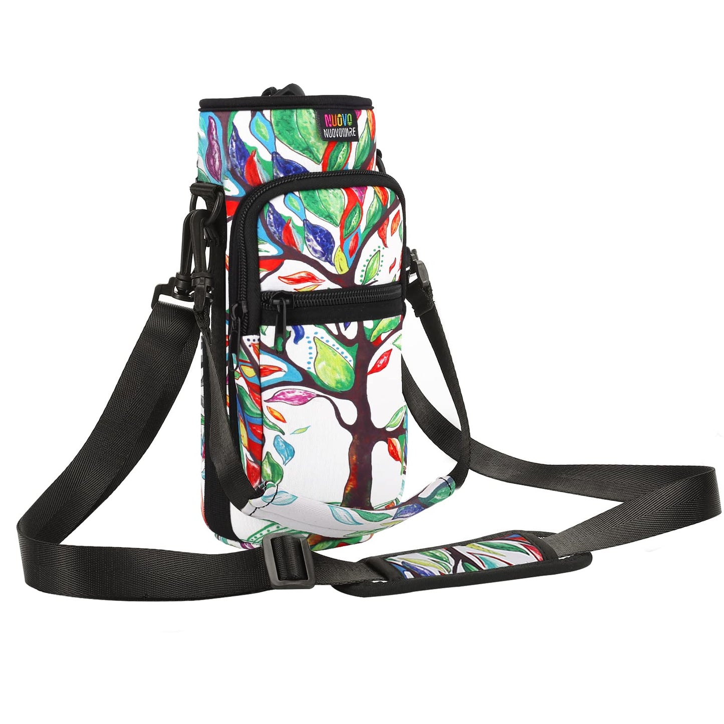 Nuovoware Water Bottle Carrier Bag, 25oz/32oz Bottle Pouch Holder, Adjustable Shoulder Hand Strap 2 Pocket Sling Neoprene Sleeve Sports Water Bottle Bag for Men Women Kids Hiking Travel, Lucky Tree