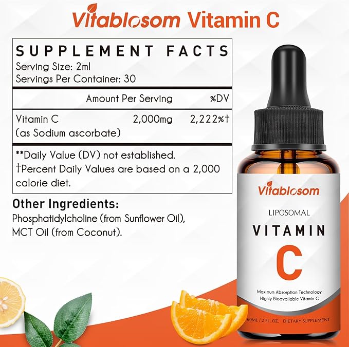 Liposomal Vitamin C 2000mg Liquid for Adults, High Absorption VIT C, Maximize Vitamin C, for Immune System & Antioxidant, 60ML (2 Bottles)