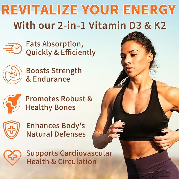 Vitamin D3 K2 Supplement Softgel, Vitamin D3 K2 Softgel with 10000 IU Supports Immune, Heart, Teeth & Bone Health, Free of GMO, Gluten, Soy