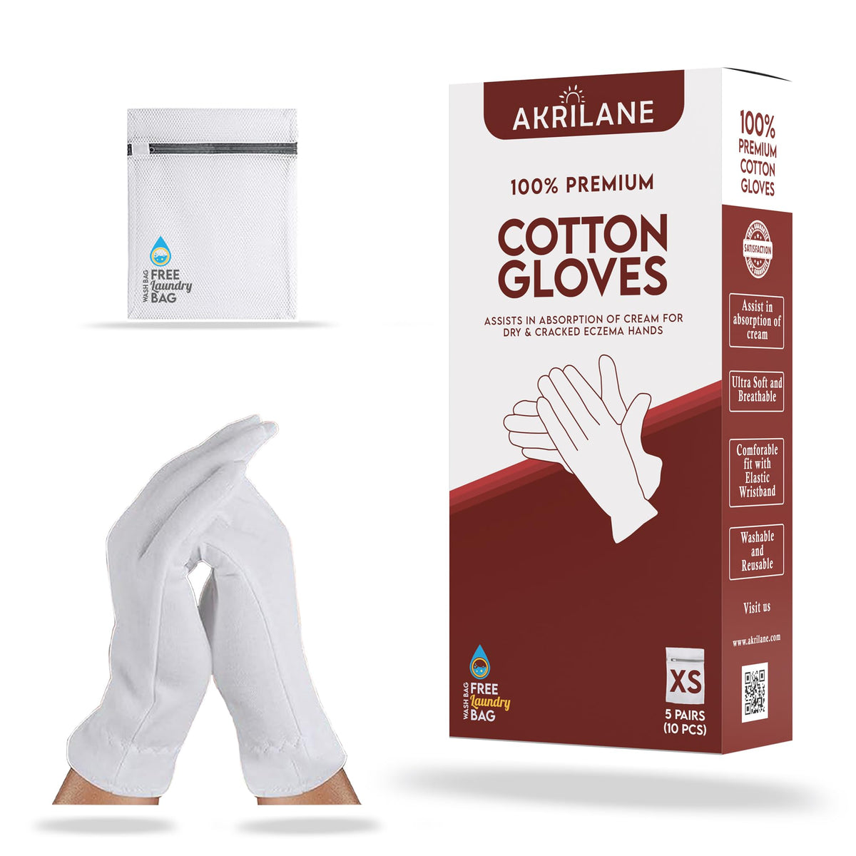 XS Extra Small 5 Pairs 100% Premium Cotton Gloves for Dry Hands | Moisturizing Overnight Gloves for Eczema, Psoriasis & Skin Spa Treatment for Women & Men | Washable & Reusable with Free Laundry Bag