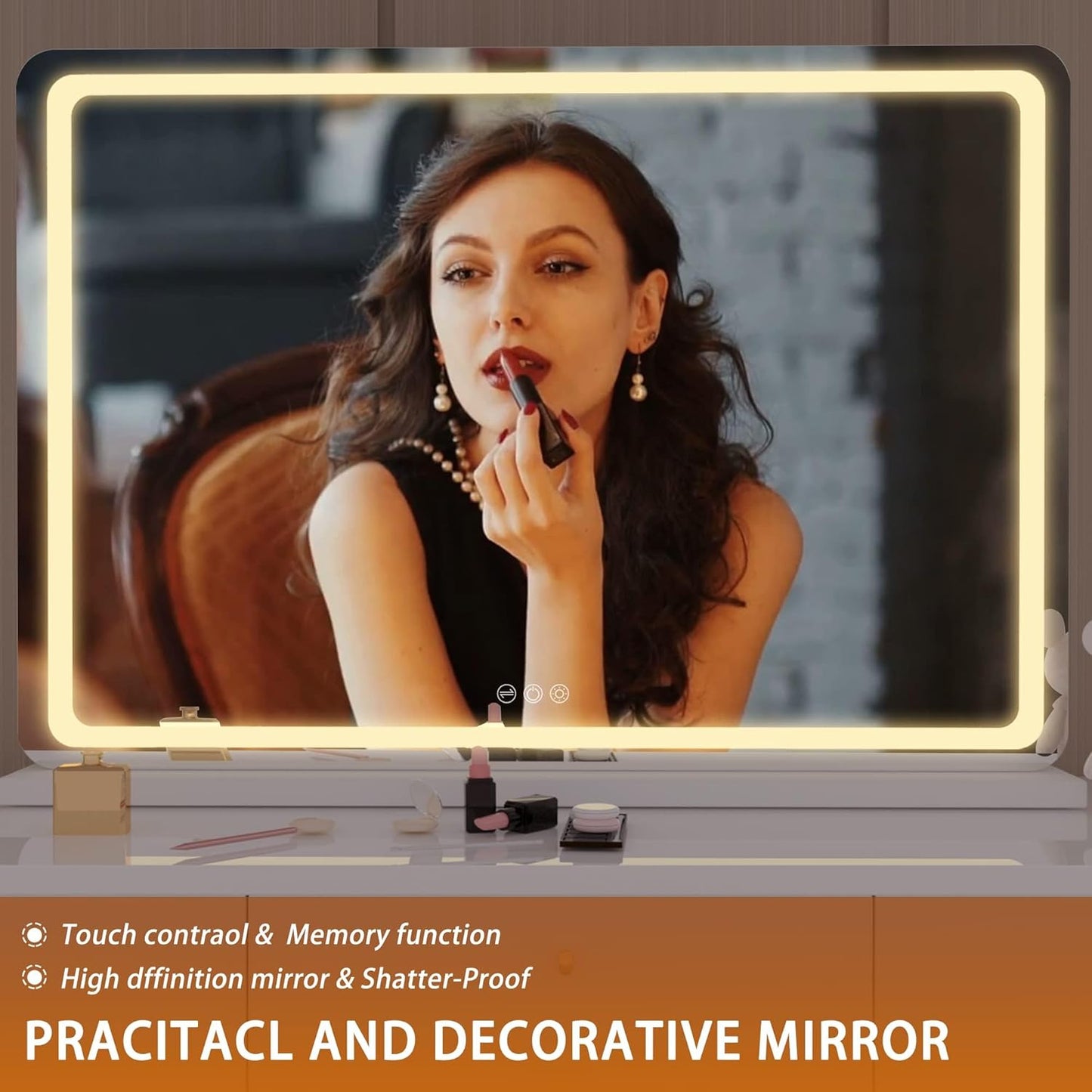 Hasipu Vanity Mirror with Lights, 22.8" x 18" LED Makeup Mirror, Lighted Makeup Mirror with Dimmable 3 Modes, Touch Screen Control Vanity Mirror Round White