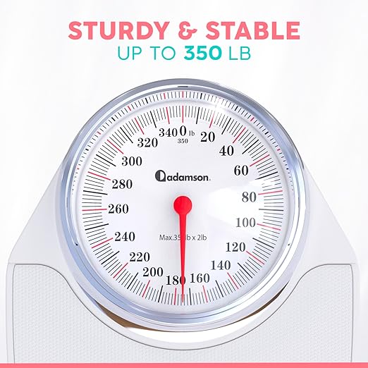 Adamson A24 Scales for Body Weight - Up to 350 LB - New - Anti-Skid Rubber Surface Extra Large Numbers - High Precision Bathroom Scale Analog - Durable with 20-Year Assurance