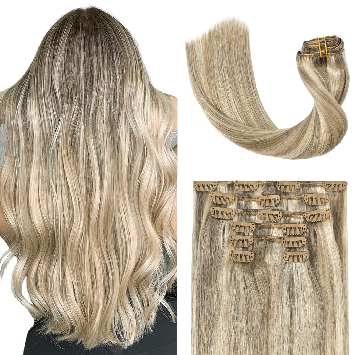 UGOTRAYS Clip in Hair Extensions Real Human Hair - 20 inch 100g Ash Blonde Mixed Bleach Blonde Straight 7pcs Double Weft - 100% Remy Human Hair Extensions #18p613 20in