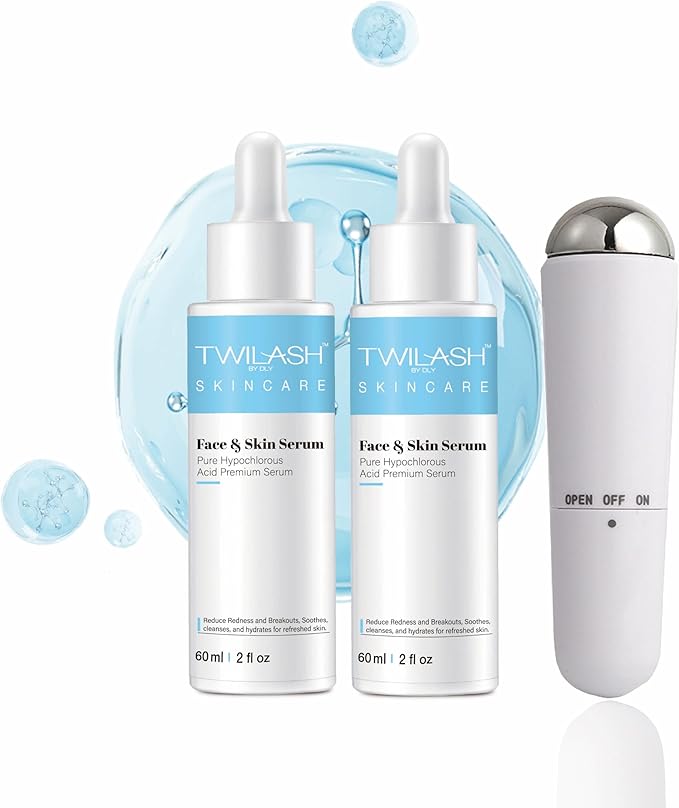 Pure Hypochlorous Acid Face & Skin Serum 2-Pack (60ml Each) – Hydrating, Calming & Redness-Reducing with Facial Massager – Gentle, Non-Irritating for Sensitive Skin – 120ml Total