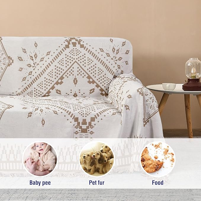 H.VERSAILTEX Reversible Sofa Cover Couch Cover for Dog Sofa Slipcover for Most Shape Sofa Furniture Protector with Tassels Sectional Couch Cover (XX-Large: 91" x 134", Sand/White)