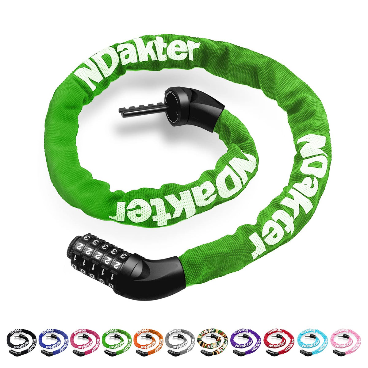NDakter Bike Chain Lock, 5-Digit Combination Anti-Theft Bicycle Lock, 3.2/4.27 feet Long Security Resettable Bike Locks Heavy Duty for Bike, Motorcycle, Bicycle, Door, Gate, Fence, Grill, Green