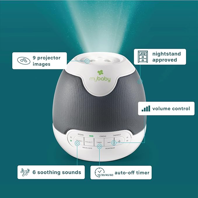MyBaby Lullaby Sound Machine & Projector – Baby Sleep Machine Plays 6 Sounds & Lullabies, Projects Soothing Images - Auto-Off Timer, Adjustable Volume, Great for Baby Registry and Baby Shower Gifts