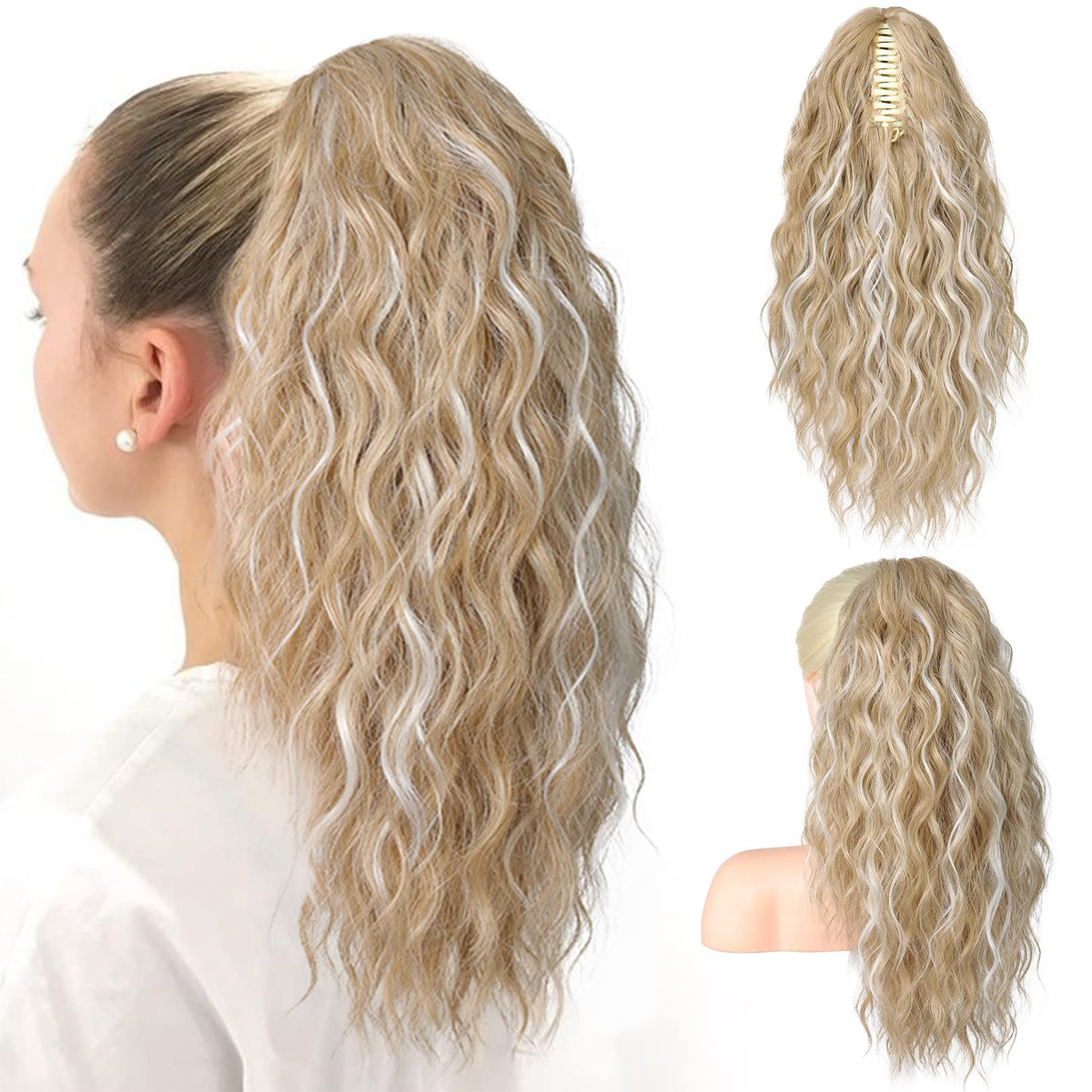 SEIKEA 18" Ponytail Extension Claw, PT002 Tia Long Multi Layered Hair FluffyThick Wavy Curly Clip in Hair Extensions Ponytail Natural Soft Synthetic Hairpiece Dark Blonde with White Blonde Highlights