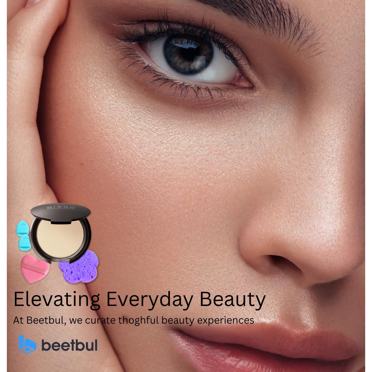 Beetbul Makeup & Exfoliation Kit - Bissú Compact Powder + 1 Medium Velvet Puff + 2 Finger Puffs + 1 Facial Exfoliating Sponge (08 Wheat, One Size)