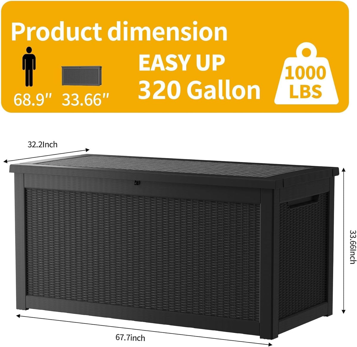 Extra-Large 320 Gallon Outdoor Storage Bin - Waterproof Resin Deck Box for Pool, Patio & Garden, Lockable Outdoor Deck Box for Cushions & Tools, UV-Resistant, Jet Black