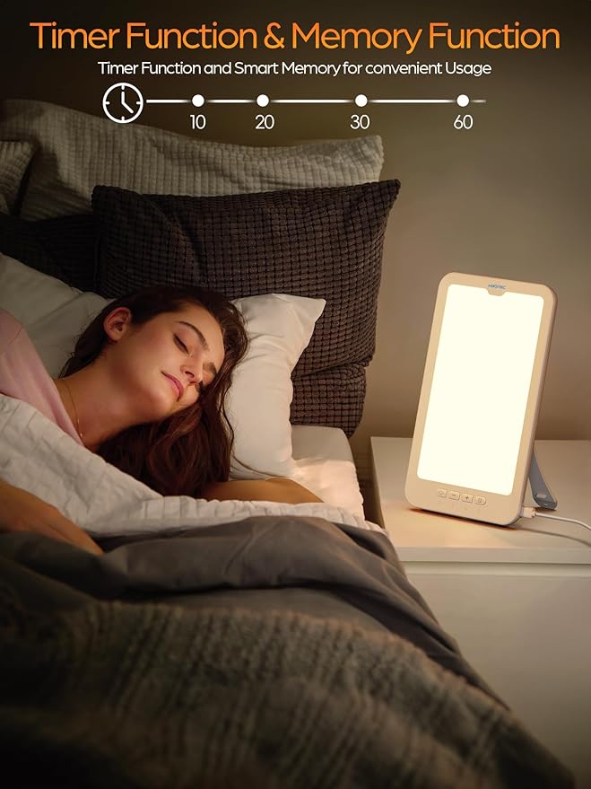 HIBOITEC Light Therapy Lamp, 10000 Lux Therapy Light, Sun Light Therapy Lamp with 3 Color Temperature & 5 Adjustable Brightness & 4 Timing & Memory Function, Portable Light Therapy Box for Home/Office