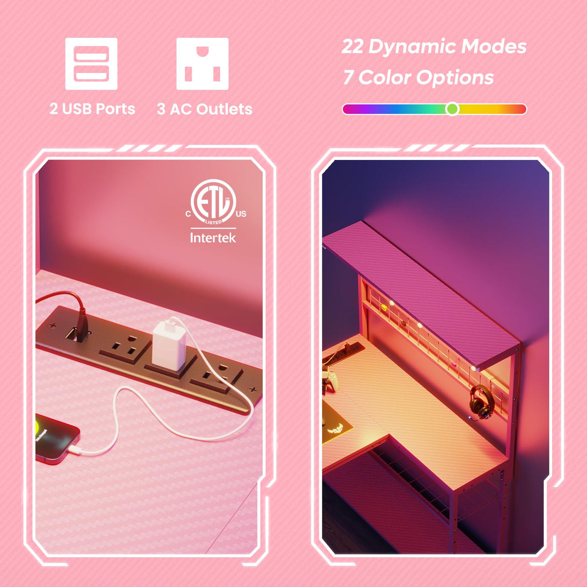 Bestier 42 L Gaming Desk,Computer Desk with Power Outlets, LED Lights, Reversible Corner Desk with 4-Tier Shelves,Cup Holder & Hook Carbon Fiber Pink