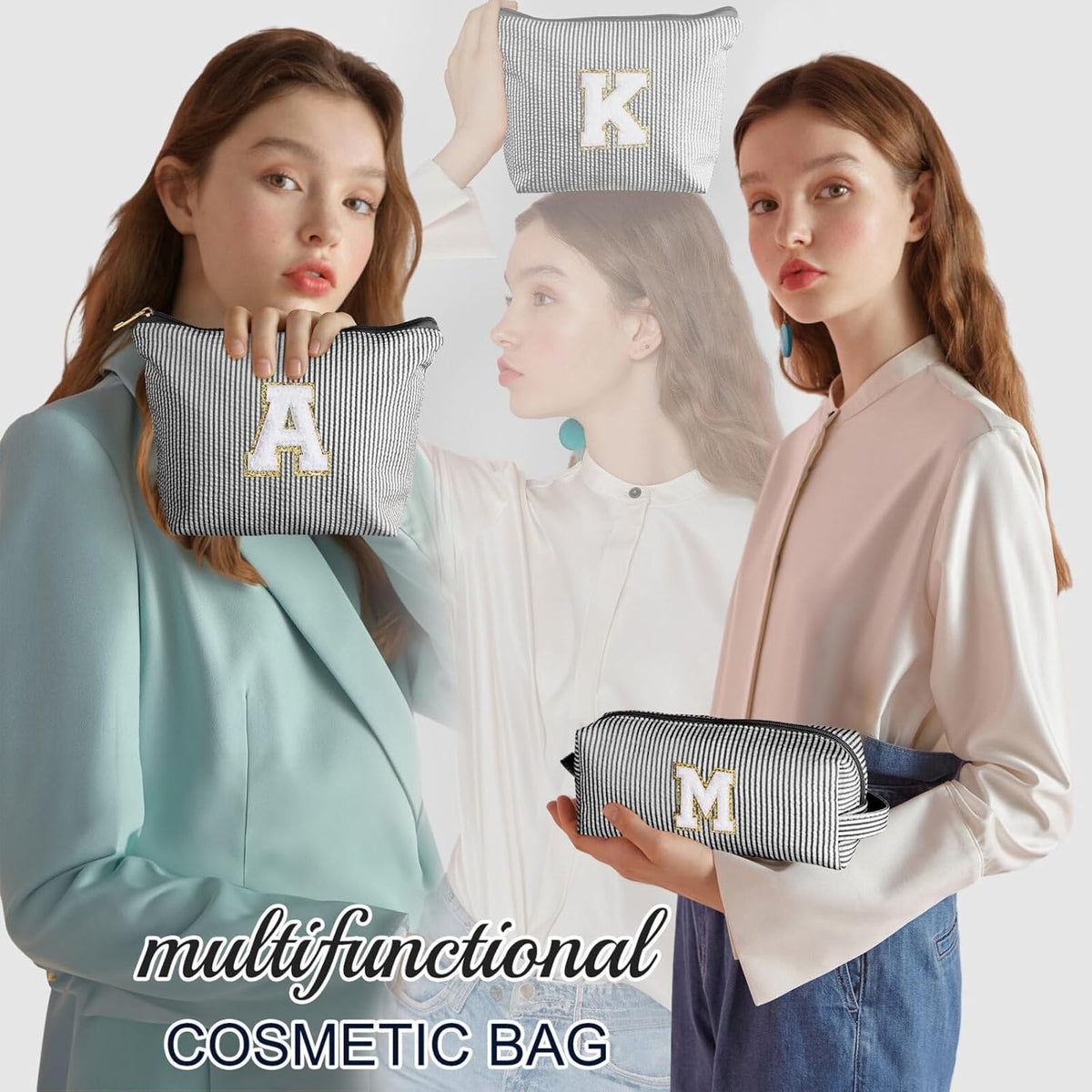 YOOLIFE Initial Makeup Bag for Women - Teen Girl Gifts Trendy Stuff Monogram Cute Makeup Bags Make Up Case for Women Her Best Friend Friendship Sister Teacher Birthday Gifts for Women Mom Black L