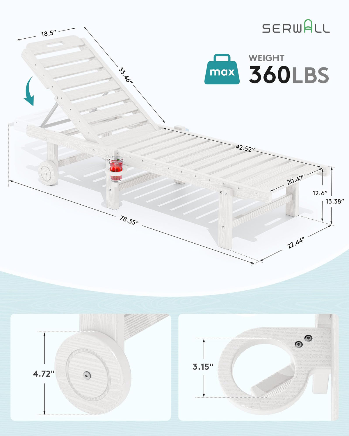 SERWALL Patio Chaise Lounge Set of 2, HDPE Outdoor Lounge Chair with Cup Holder, 5 Positions Adjustable Pool Lounge Chair with Rolling Wheels for Poolside, Deck, Sunbathing, White