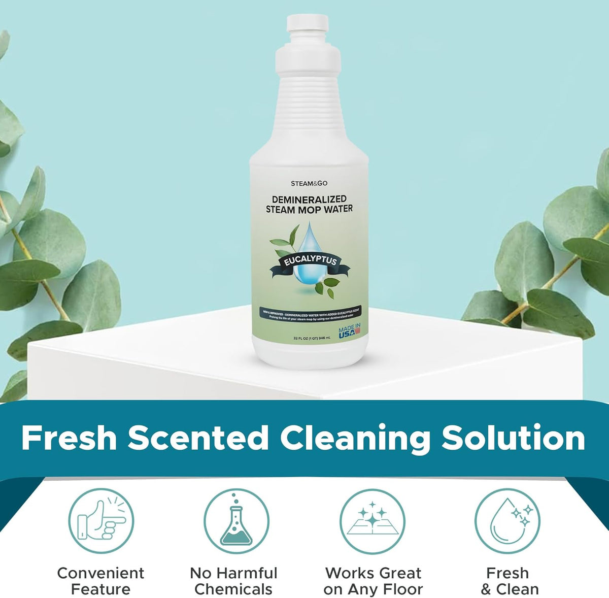 Steam and Go Demineralized Water - Multi-Surface Cleaning Solution for Steam Mop, Ready-to-Use Floor Cleaner, Ideal for Home & Office, Compatible w/Any Steam Mop - Eucalyptus Mint, 32oz, Pack of 12