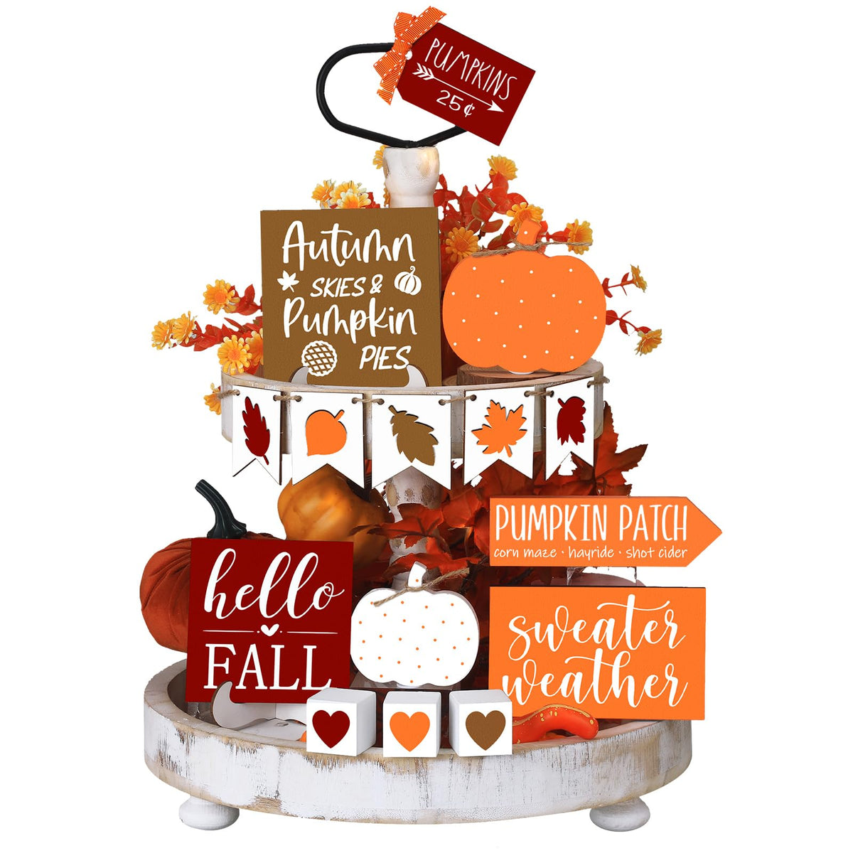 Sumind 15 Pcs Fall Tiered Tray Decor Set Fall Decorations for Home Autumn Wood Signs Thanksgiving Orange Brown Table Signs Farmhouse Wooden Maple Pumpkin Gnomes Tabletop for Festival(Autumn)