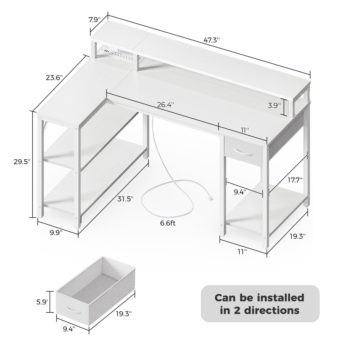 SUPERJARE 47 inch Reversible L Shaped Desk with LED Lights & Power Outlets, Computer Desk with Shelves & Monitor Stand, Gaming Desk with Drawer, Home Office Desk Corner Desk, PU White Drawer