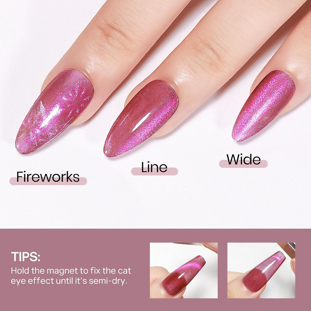 MIZHSE Quick Dry Cat Eye Nail Polish, Shimmery Pink Magnetic Nail Polish with Magnet, Air Drying Fast 15ml Plum Sauce Color Cateye Nail Lacquer for Women Girls Non-Gel Nail Art Manicure DIY Home