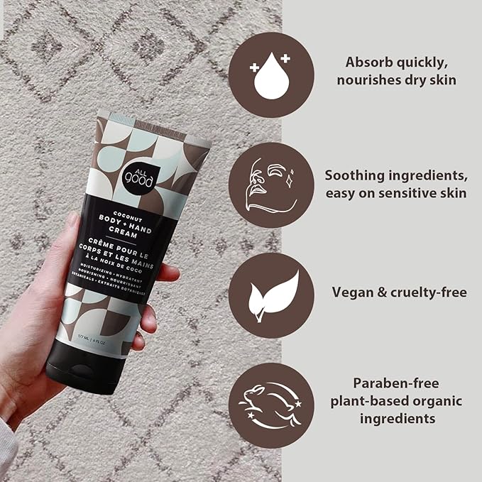 All Good Body + Hand Cream for Women & Men | Organic Daily Moisturizer for Dry Skin | Coconut Oil, Cocoa Butter, Rosehip Oil, Arnica, Vitamin E | Non-greasy, Vegan & Cruelty Free | Coconut, 6oz