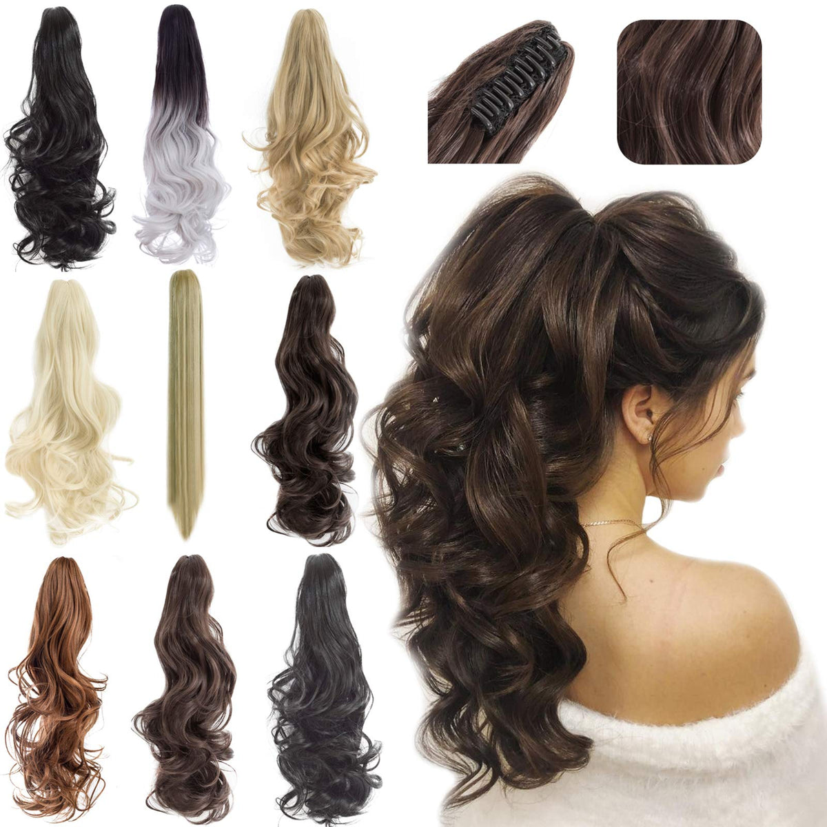 FELENDY Ponytail Extension Claw 18" 20" Curly Wavy Straight Clip in Hairpiece One Piece A Jaw Long Pony Tails for Women Dark Brown Mix Light Auburn