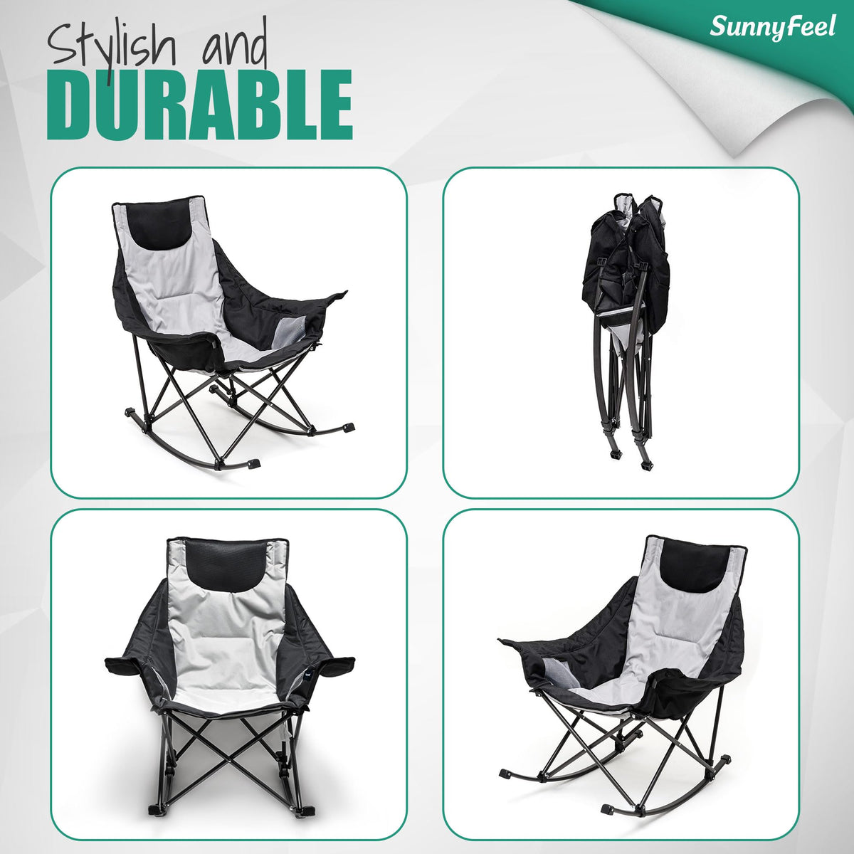 SUNNYFEEL Rocking Camping Chair, Luxury Padded Recliner, Oversized Folding Lawn Chair with Pocket, Heavy Duty for Outdoor/Picnic/Lounge/Patio, Portable Camp Rocker Chairs with Carry Bag