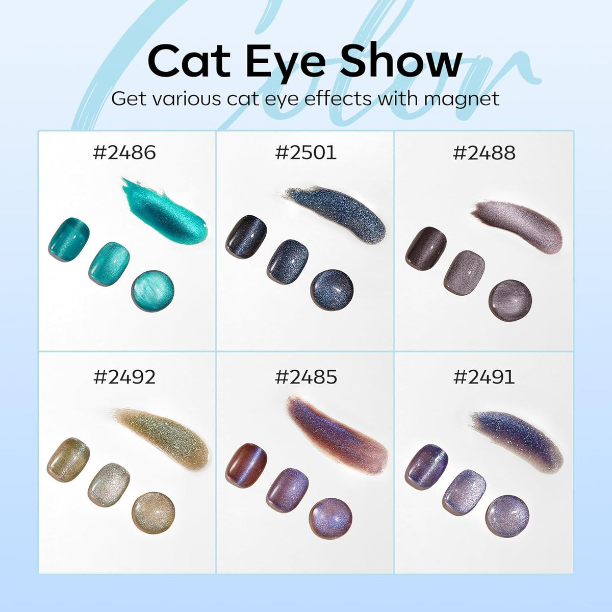 modelones Cat Eye Gel Nail Polish Set, 6 Colors Fall Winter Holographic 9D Glassy Cat Eye Glitter Gel Polish Set Black Blue Purple Green Nail Polish Kit with Magnet Soak Off LED Nail Art DIY Gift
