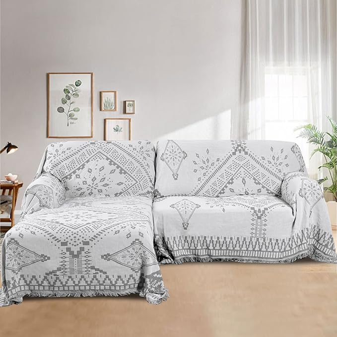 H.VERSAILTEX Reversible Sofa Cover Couch Cover for Dog Sofa Slipcover for Most Shape Sofa Furniture Protector with Tassels Sectional Couch Cover (X-Large: 71" x 118", Dove Grey/White)