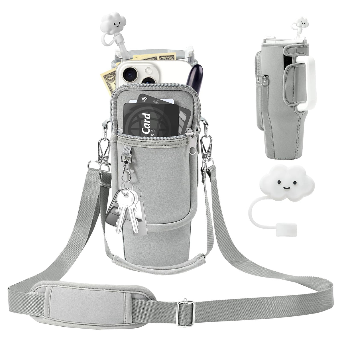 PRAGATISM Water Bottle Holder with Strap Pouch and Handle fits for Stanley 40/30 oz Tumbler, Water Bottle Carrier Bag with 4.9FT Strap, Bottle Pouch for Stanley Cup Accessories (Grey)