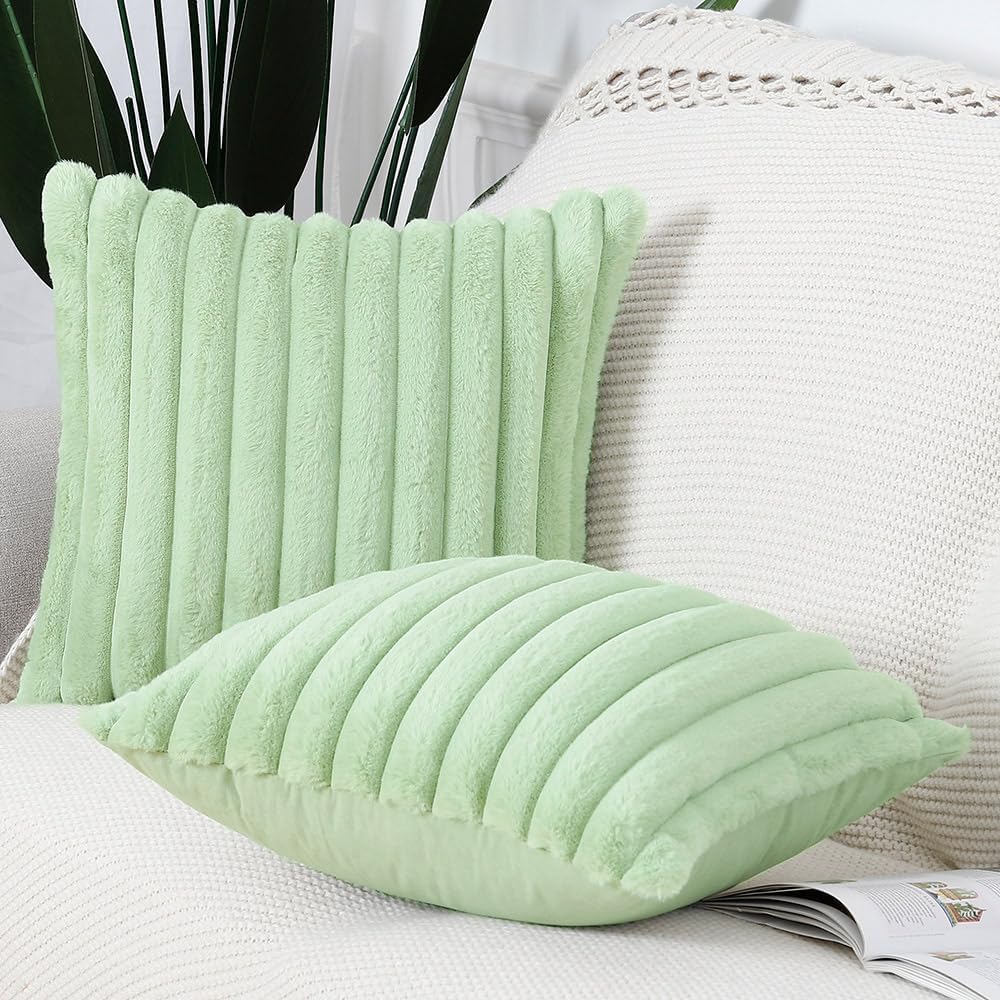 MADIZZ Set of 2 Faux Wool Plush Decorative Throw Pillow Covers 22x22 Inch Light Green Fluffy Striped Soft Decorative Cushion Cover for Sofa Bedroom Pillow Shell