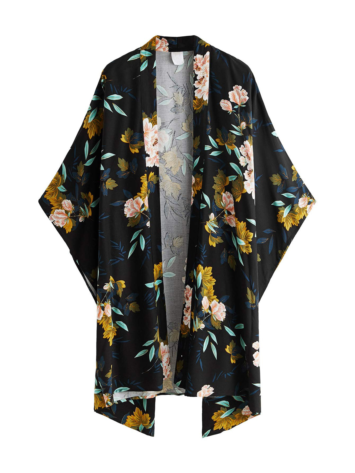 SweatyRocks Women Kimono Vintage Floral Beach Cover Up Navy Floral Medium