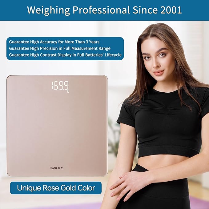 Homebuds Digital Bathroom Scale for Body Weight, High Precision Assured by Weight Scale Professional Factory Since 2001, Bright White LED and Step-On, 3*AAA Batteries Included, 400lb/180kg, Rose Gold