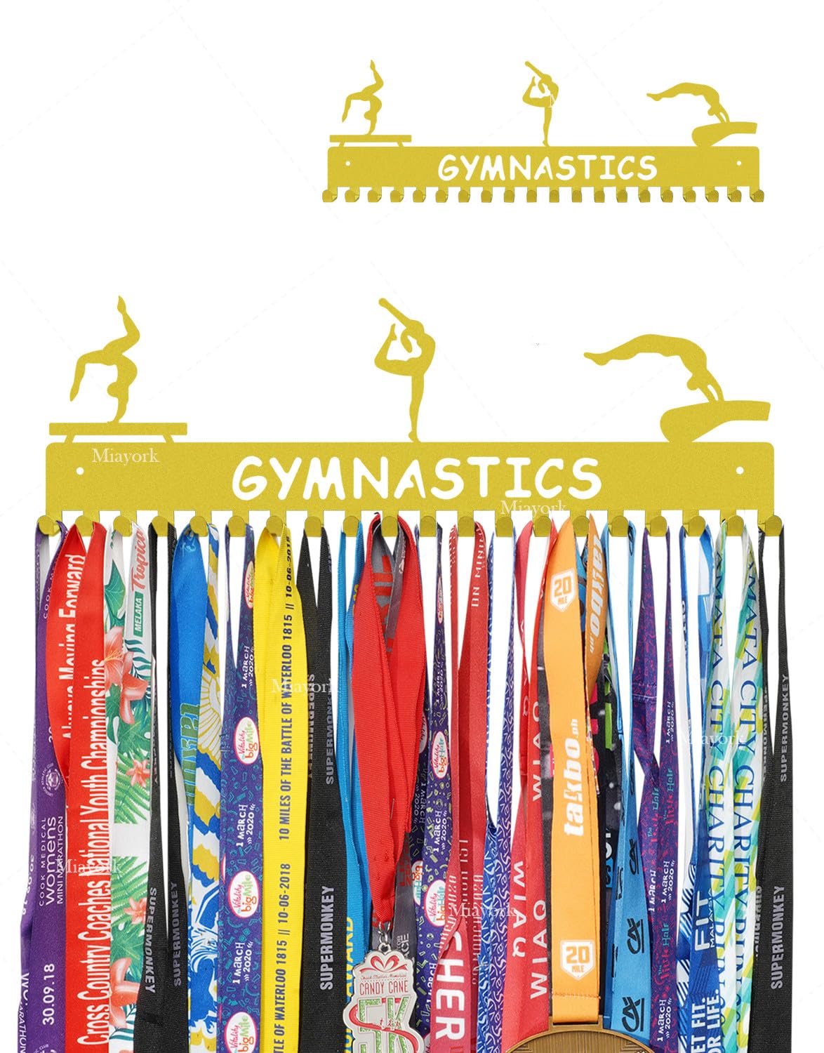 Miayork Gold Gymnastic Medal Hanger Display Ribbon Hanger Rack for More medals-Easy Installation Easy to Use with 20 hanging hooks-Gymnastics Medal holder for Girls- Medal Hanger Display Upgraded