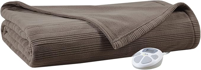 Serta Travis Fleece Ultra Soft Tri-Rib Textured Electric Blanket, Cozy and Snuggly Cover Fast Heating for Cold Weather, Auto Shut Off, Multi Heat Setting Controller, Full, Stone Brown