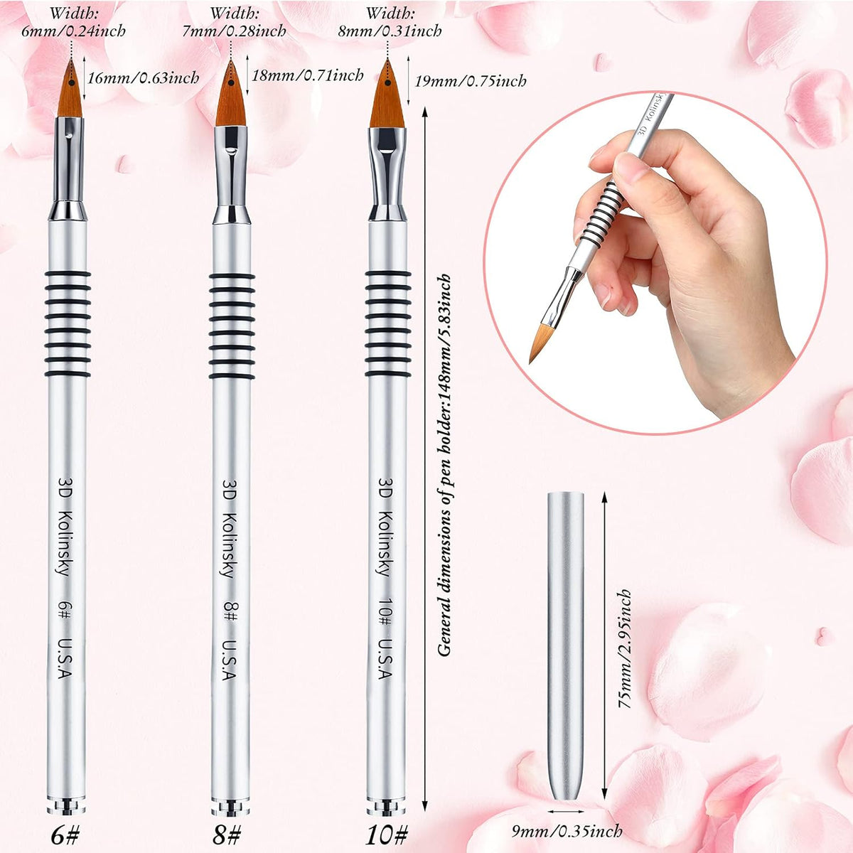 Patelai 3 Pcs Kolinsky 3D Nail Art Brush Set for Acrylic Powder Sculpture Nail Art Brush Size 6/8/10 with silver Metal Nonslip Grip Handle for Acrylic Powder Application